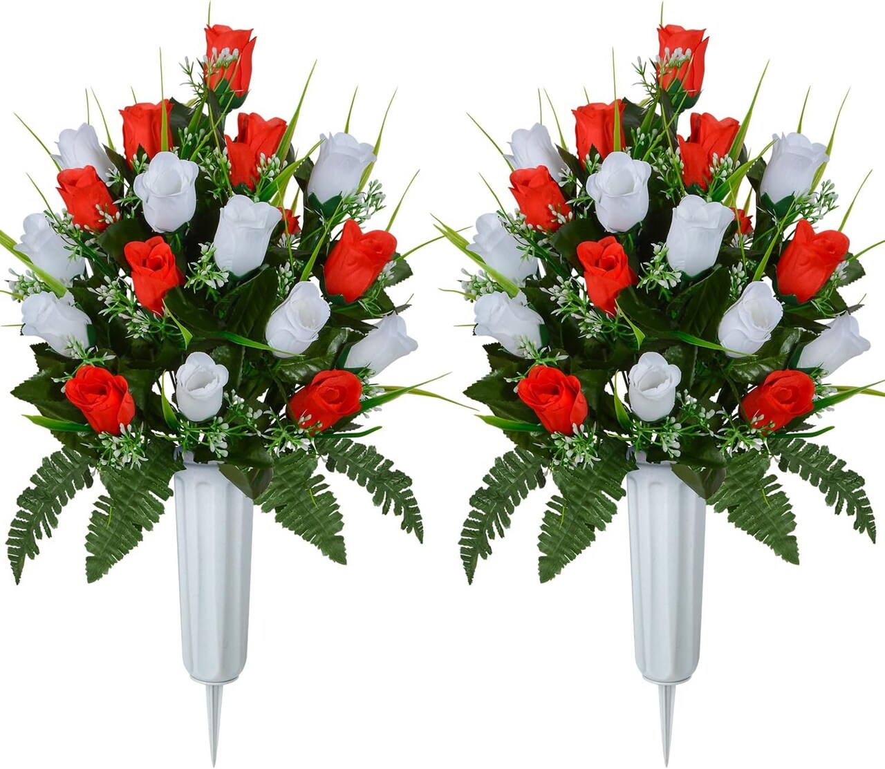 2 Sets Artificial Cemetery Rose Bouquets with Vase – Memorial Grave Decorations for Lasting Tribute